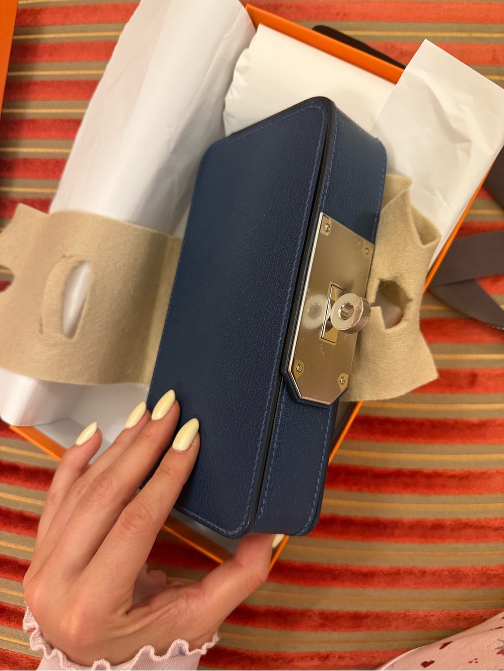 Brand New HERMES SAGMORE CLUTCH. Blue and Silver Kelly Hardware. Stickers on.